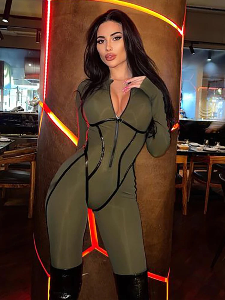 Sports Leather Zipper Tight Hip Jumpsuit Spring Long Sleeve Patchwork Ribbon Split Line Rompers Overalls