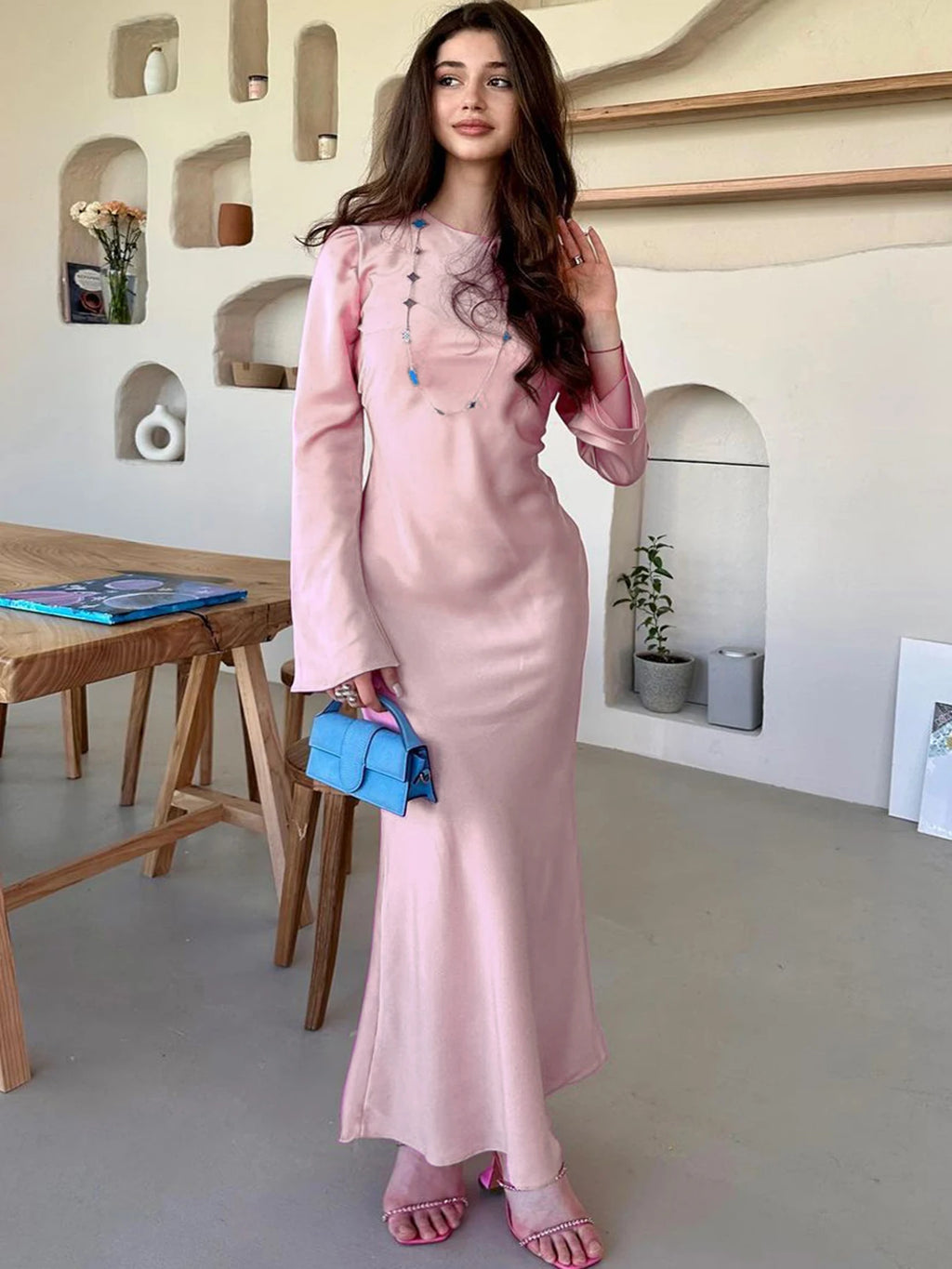 Stain Slim Maxi Dresses for Party Evening Dress ’s High Waist Femme Autumn Dress