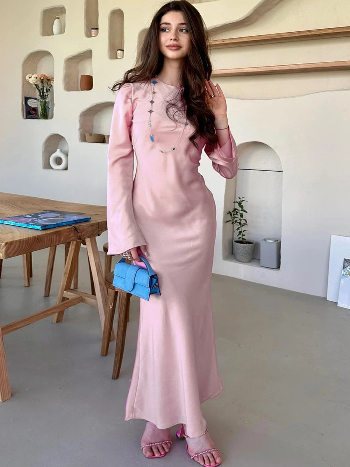 Stain Slim Maxi Dresses for Party Evening Dress ’s High Waist Femme Autumn Dress