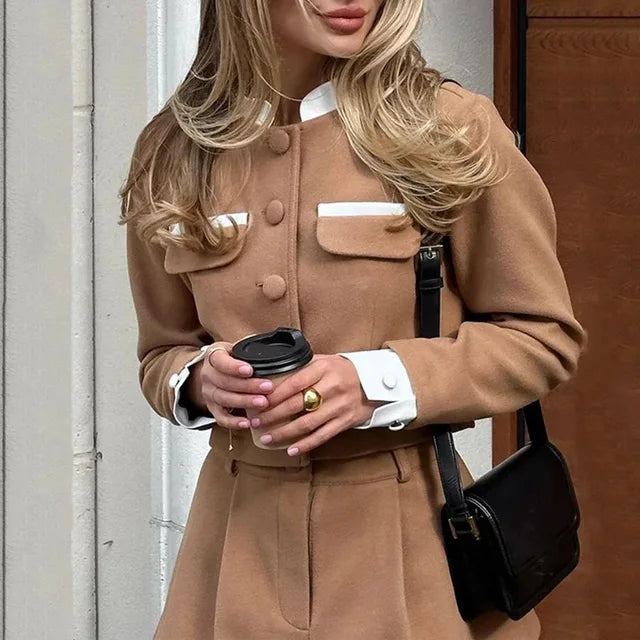 Tweed Shorts Skirt Two Piece Set Long Sleeve Single Breasted Jacket Woman Shorts 2 Suits Lady Outfits
