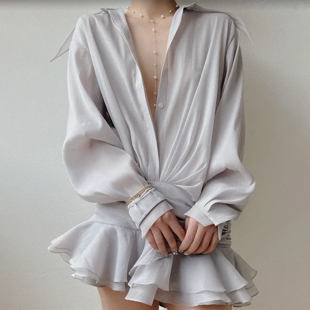 White Chiffon Mini Dress for Loose Oversized Pleated Mini Dress See-through Summer Beach Shirt Dress