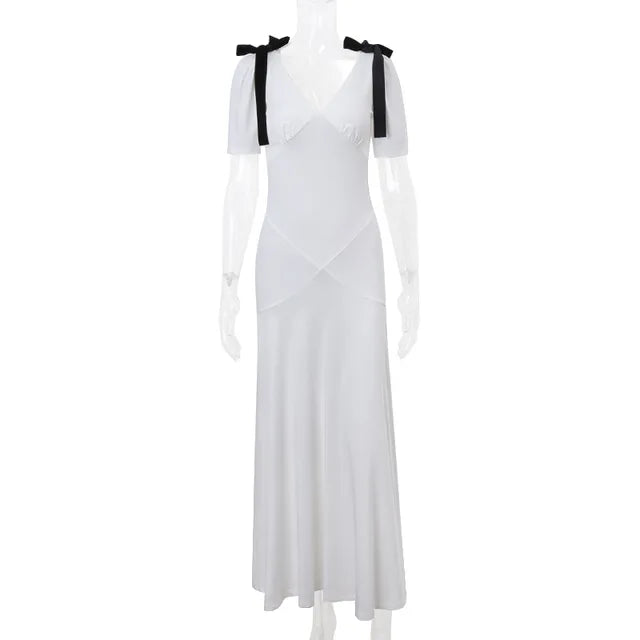 Trauxy Bow Lace Up Maxi Dress for Puff Sleeveless Plunge V Neck Beach Vacation Dress Splice Outfits Summer