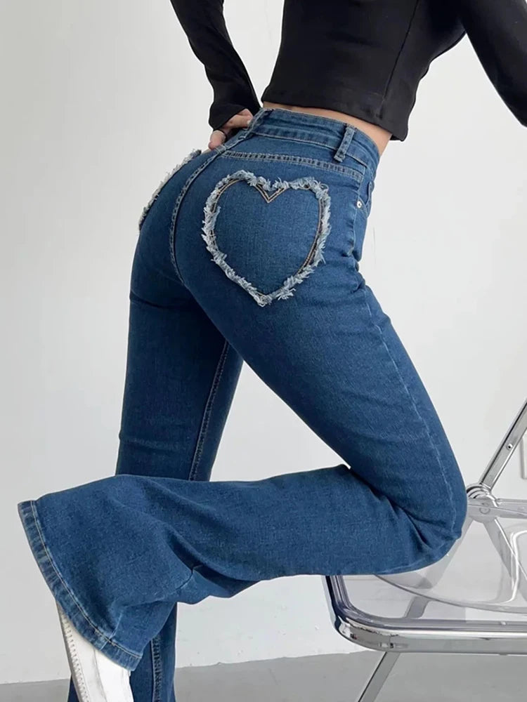 Denim Packets Jeans High Waist Flare Pants Trousers Pants Jeans Autumn Bottoms Blue