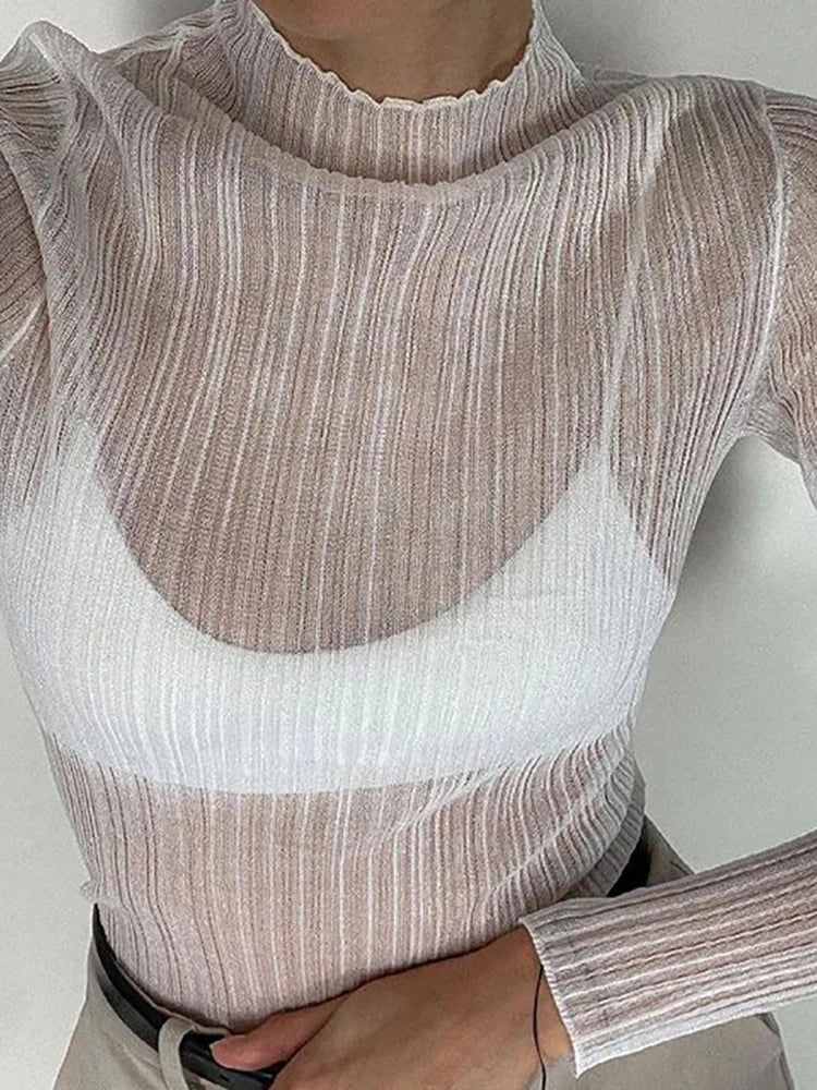 See Through Knitted T-shirts Autumn White Long Sleeve Mock Neck Tops Femme High Street Slim Tops Tee