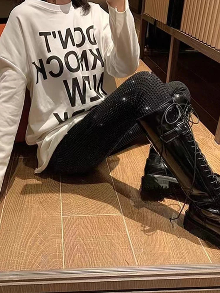 Sparkly Crystal Pants Leggings Autumn Winter High Waist Elastic Bodycon Long Penci Pant Y2k Pants Tights
