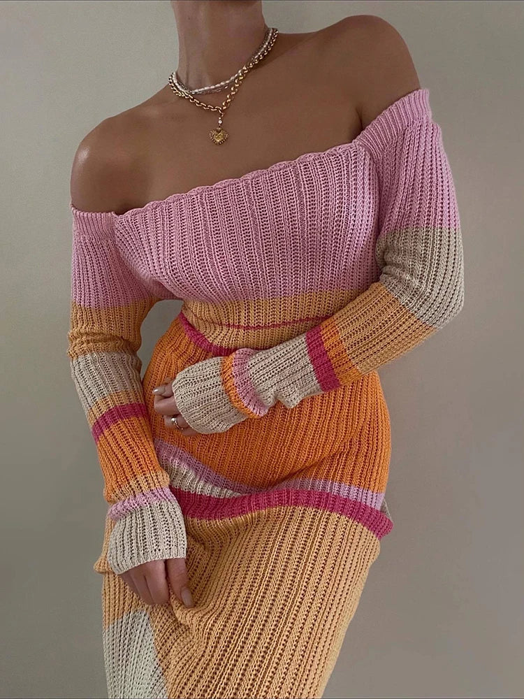 Striped Knitted Autumn Dress Long Sleeve Bodycon Maxi Dresses Femme Y2k Holiday Beach Party Vestidos