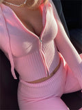 Spring Outfits Zipper Sweater Hoodie Set High Waist Flare Pants Suits Pink Knitted Y2k Two Piece Set