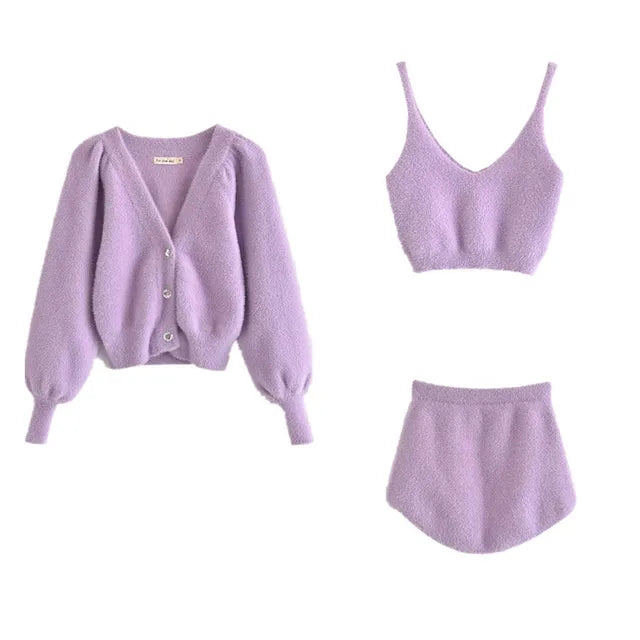 Two Piece Sets Outfits White Plush Mohair Drill Button Cardigan Coats With Bra Tops and Mini Shorts Matching Sets