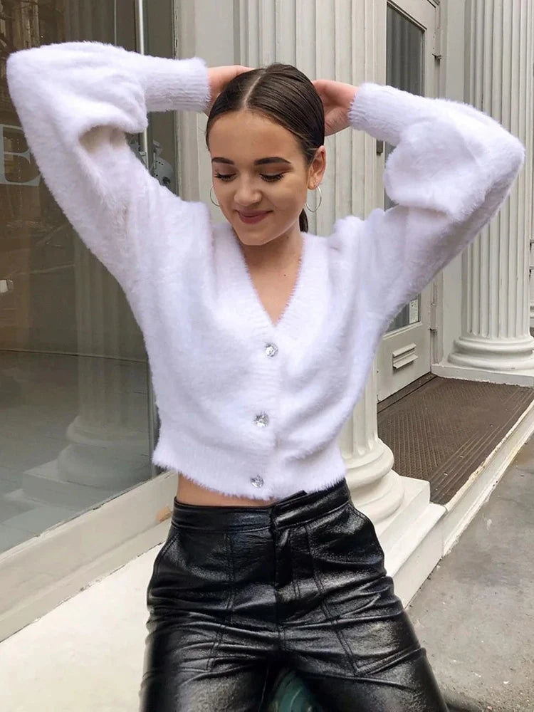 Two Piece Sets Outfits White Plush Mohair Drill Button Cardigan Coats With Bra Tops and Mini Shorts Matching Sets