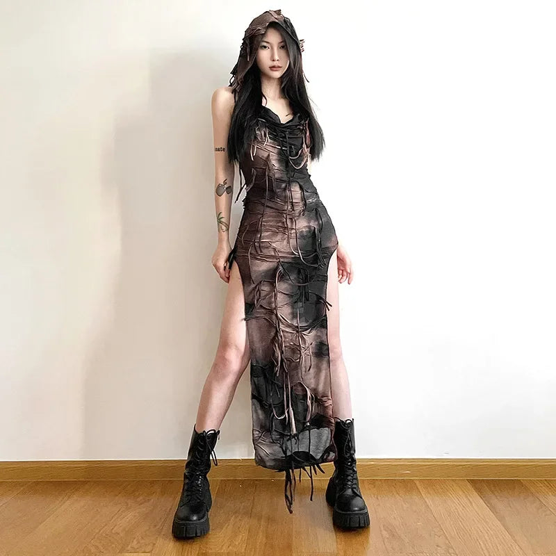 Tassel Gothic Hooded Midi Dress Fairy Grunge Y2k High Split Sleeveless Tie Dye Dress