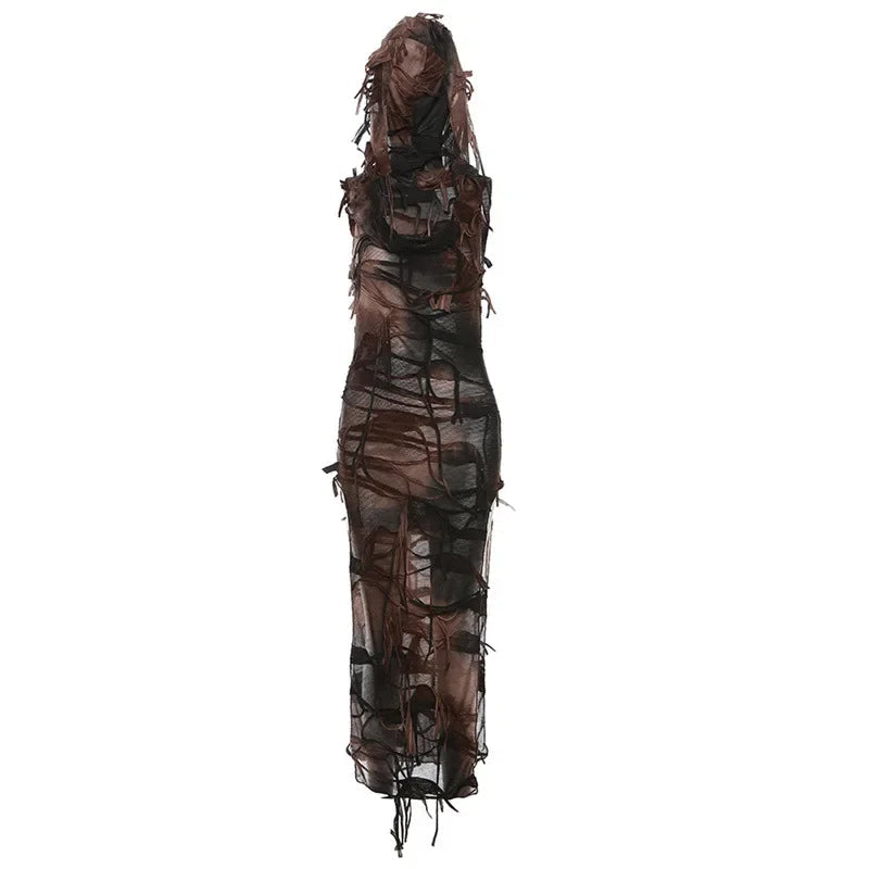 Tassel Gothic Hooded Midi Dress Fairy Grunge Y2k High Split Sleeveless Tie Dye Dress