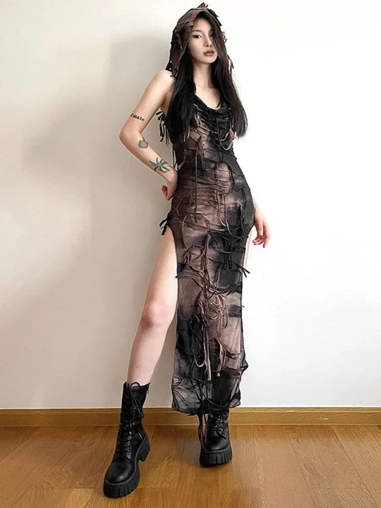 Tassel Gothic Hooded Midi Dress Fairy Grunge Y2k High Split Sleeveless Tie Dye Dress