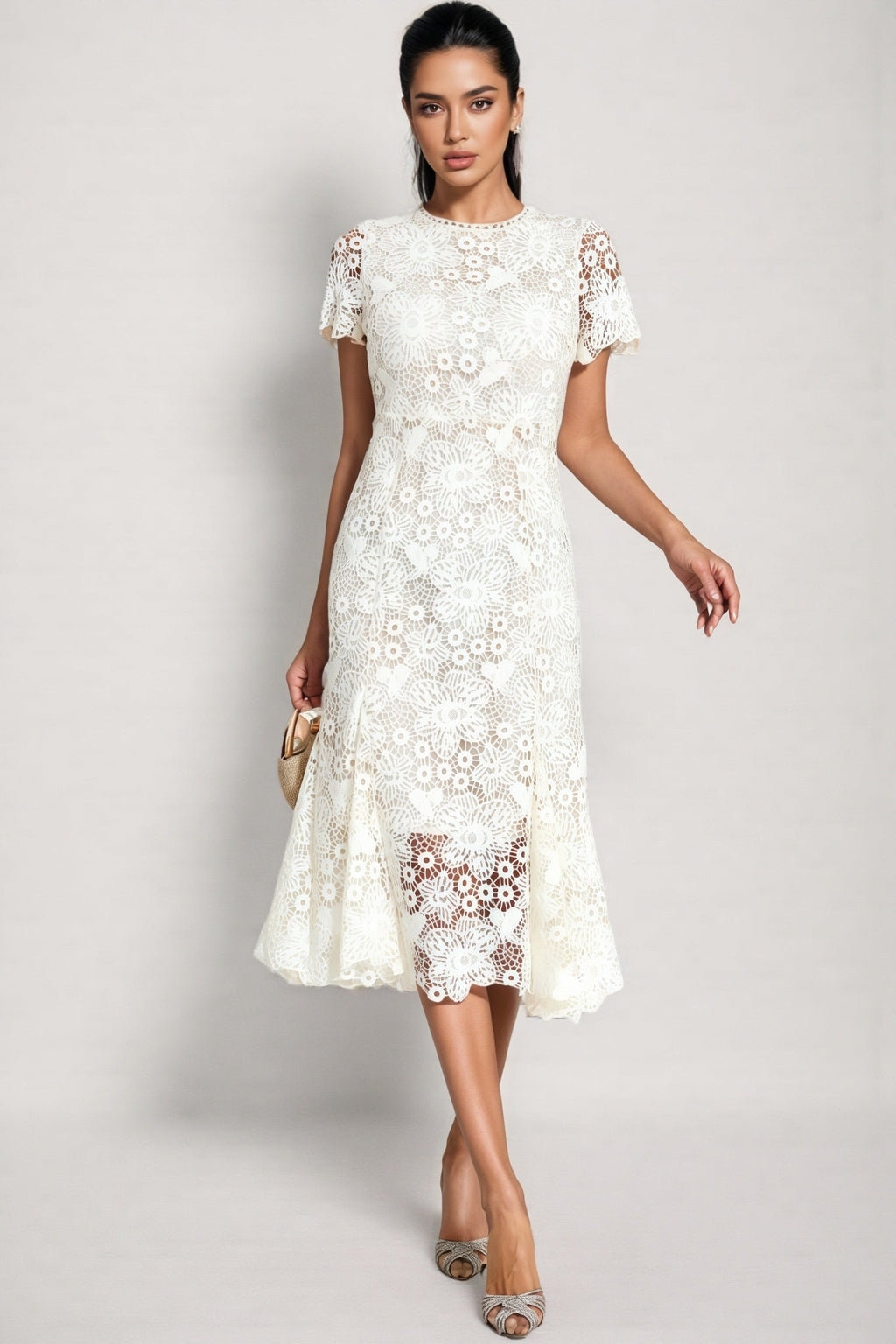 Nolaty Beige Lace Mermaid Maxi Dress