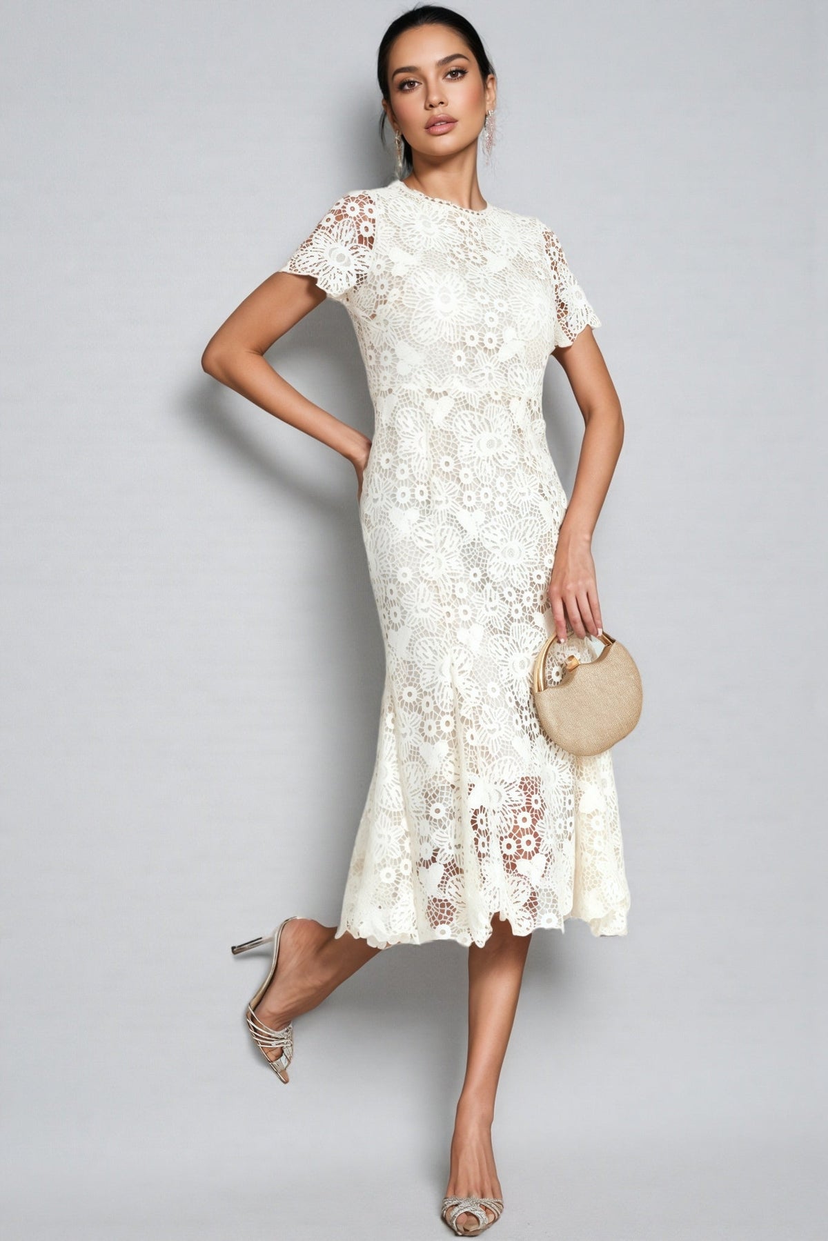 Nolaty Beige Lace Mermaid Maxi Dress