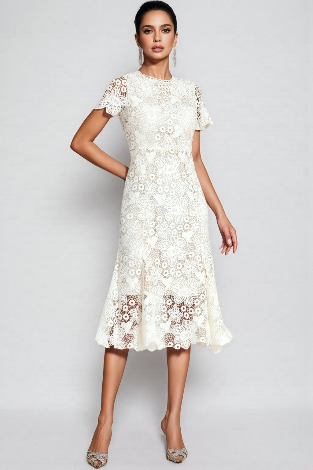 Nolaty Beige Lace Mermaid Maxi Dress