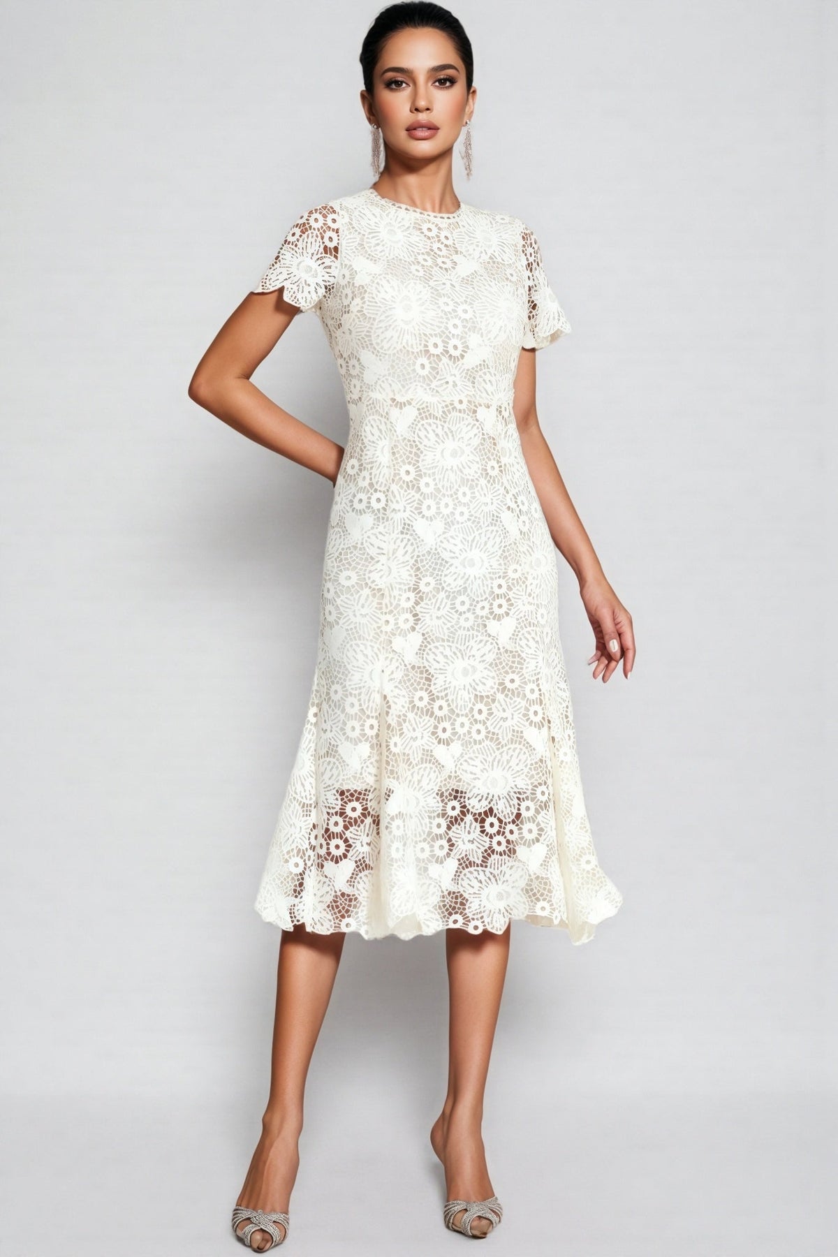 Nolaty Beige Lace Mermaid Maxi Dress