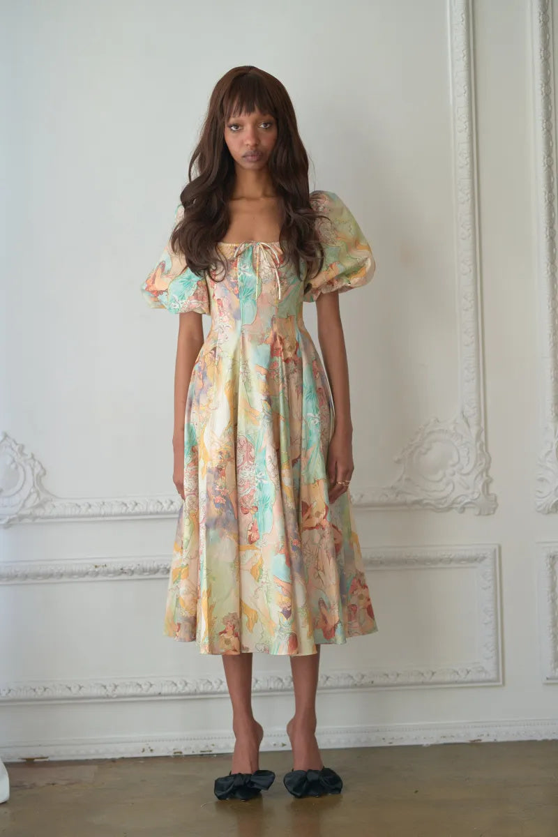 Joyce Printed Lantern Sleeves Midi Dress