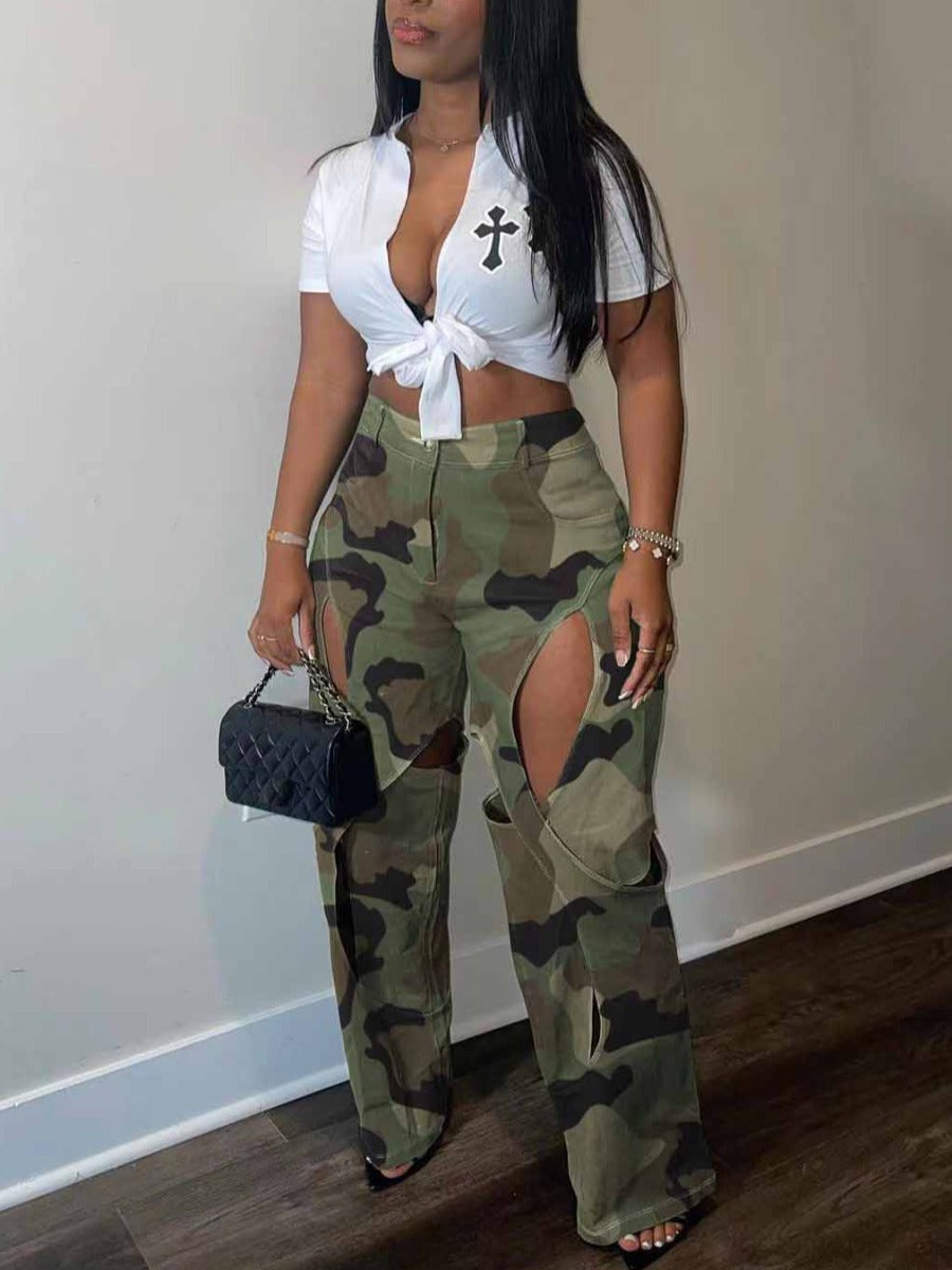 Camo Print Cut Out Loose Cargo Pants Bo5016