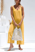 Tie-straps Backless Pocketed Cotton Jumpsuits
