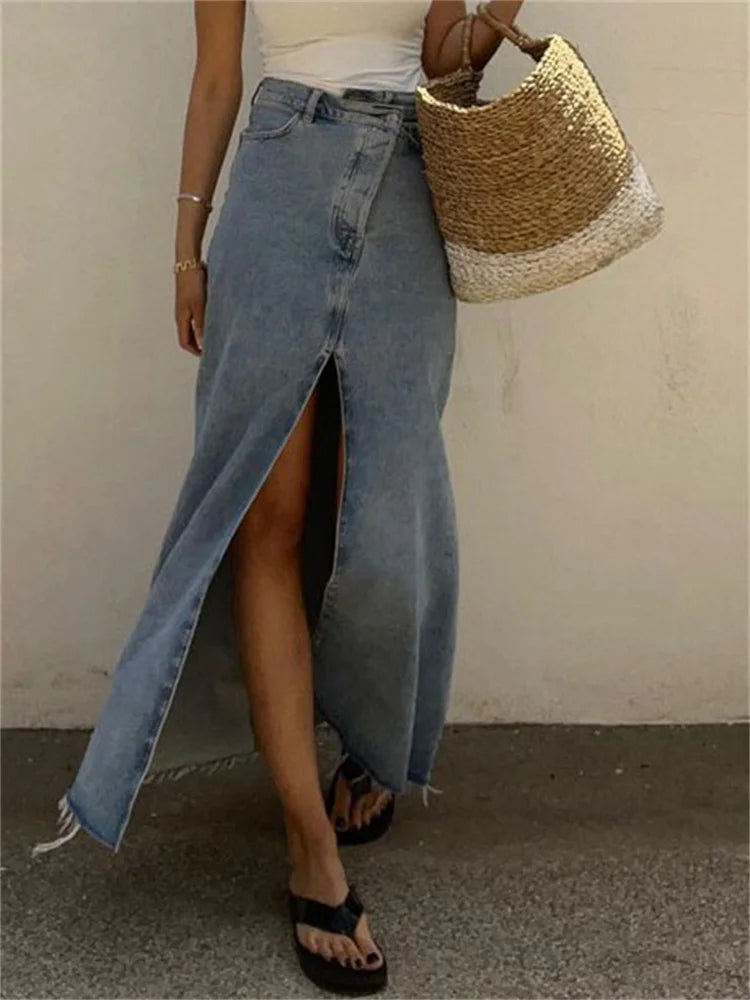 New High Waist Denim Skirts Spilt Out Maxi Jean Skirt Summer Holiday Long Skirts