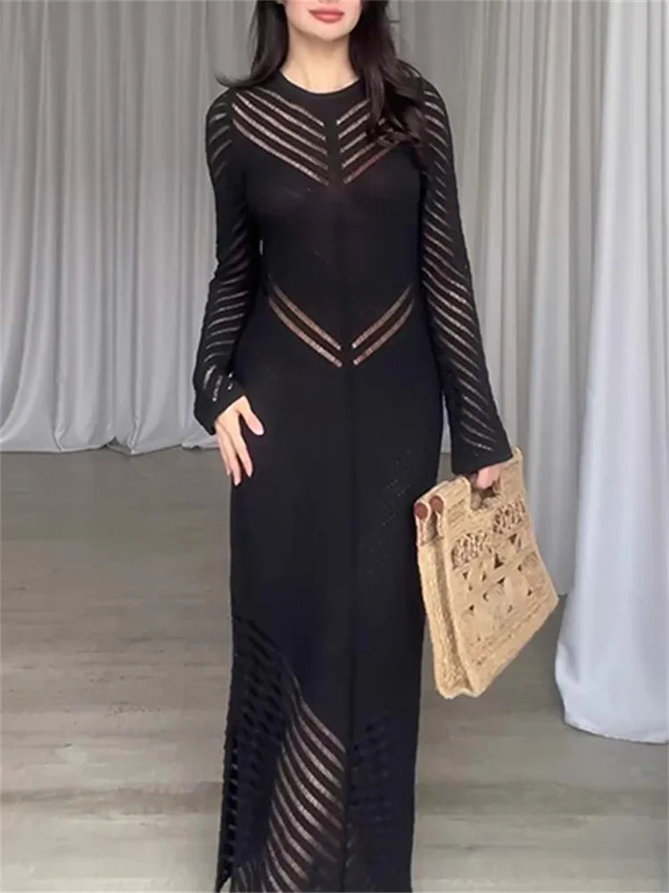 Autumn Black Knit Long Dress for See-through Sleeveless Patchwork Hollow Out Dress ’s Knitwear Dress