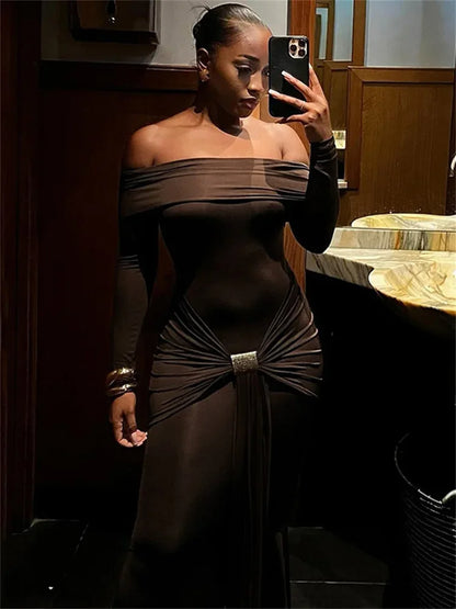 Autumn Backless Long Dress High Waist Slim Pleated Patchwork Off-shoulder Party Dress ’s Bodycon Dress