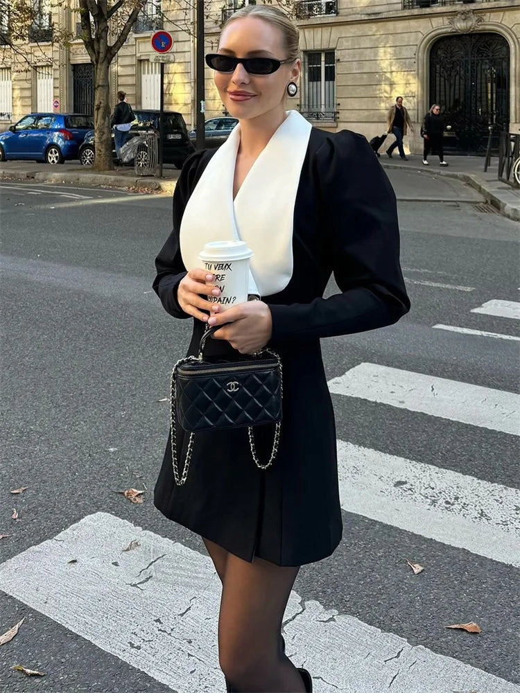 Autumn Mini Dress for Patchwork Slim Long Sleeve V-neck High Waist Commute Female Party Dress