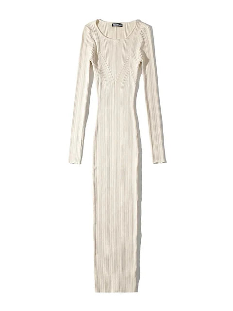 Autumn Slim Long Dress Female Knitwear Slim High Waist Patchwork Long Sleeve Party Dress Knit Dress