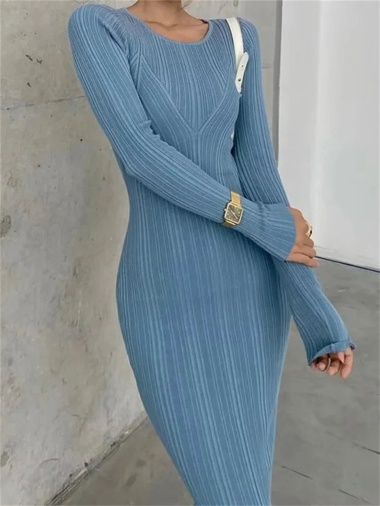 Autumn Slim Long Dress Female Knitwear Slim High Waist Patchwork Long Sleeve Party Dress Knit Dress