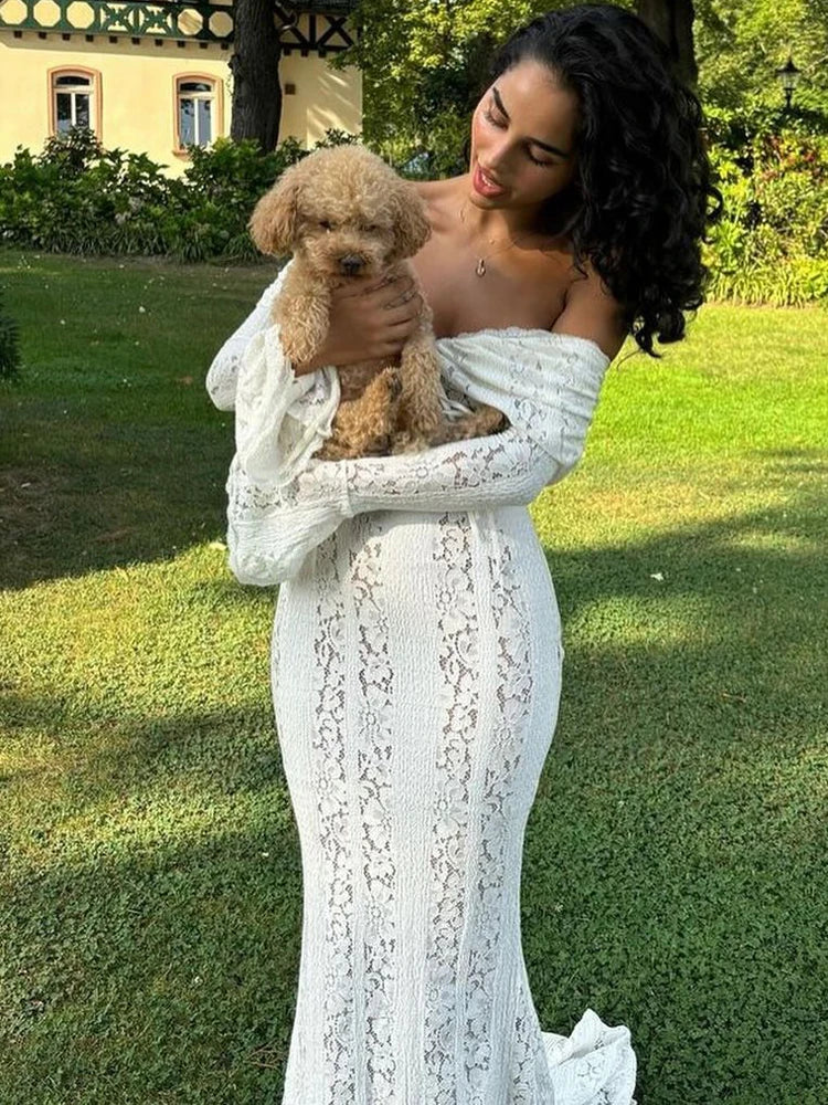Autumn Lace Off-shoulder Long Dress for See-through Printed Lace-up High Waist Female Party Dress New
