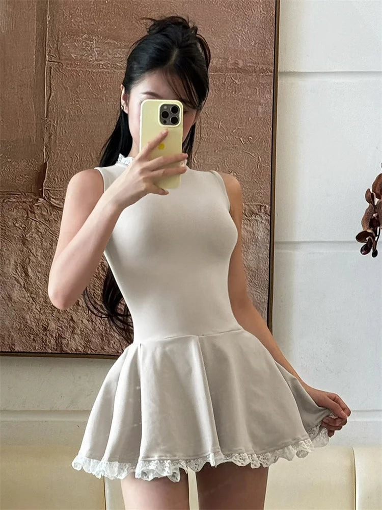 Autumn Lace Patchwork Mini Dress for Ruffled Sleeveless Slim Party Dress Gown Female High Waist Dress
