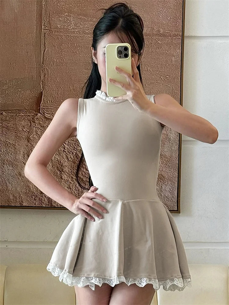 Autumn Lace Patchwork Mini Dress for Ruffled Sleeveless Slim Party Dress Gown Female High Waist Dress