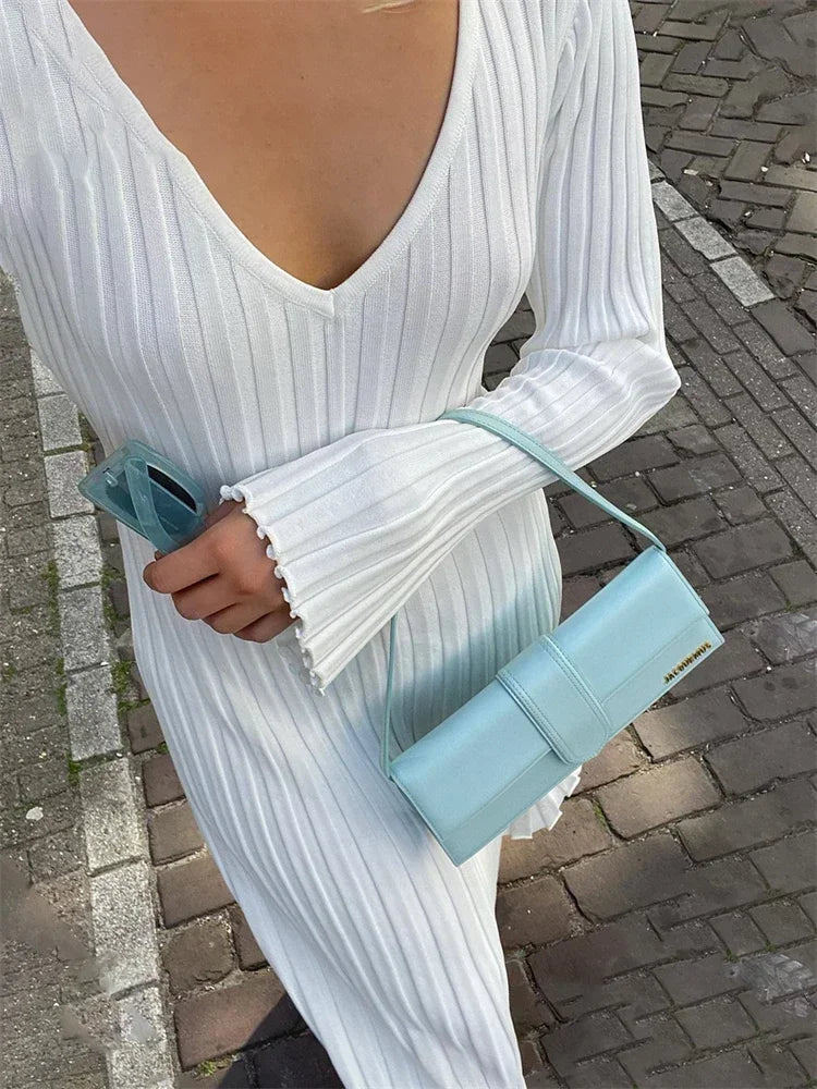 Autumn New V-neck Knit Maxi Dress Ribbed Long Sleeve High Waist Pleated Dresses Knitwear