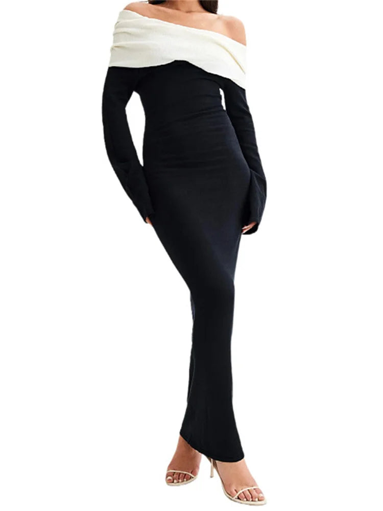 Backless Knitwear Long Dress Contrast Autumn Slim Party Dress Patchwork Knit Female Maxi Dress