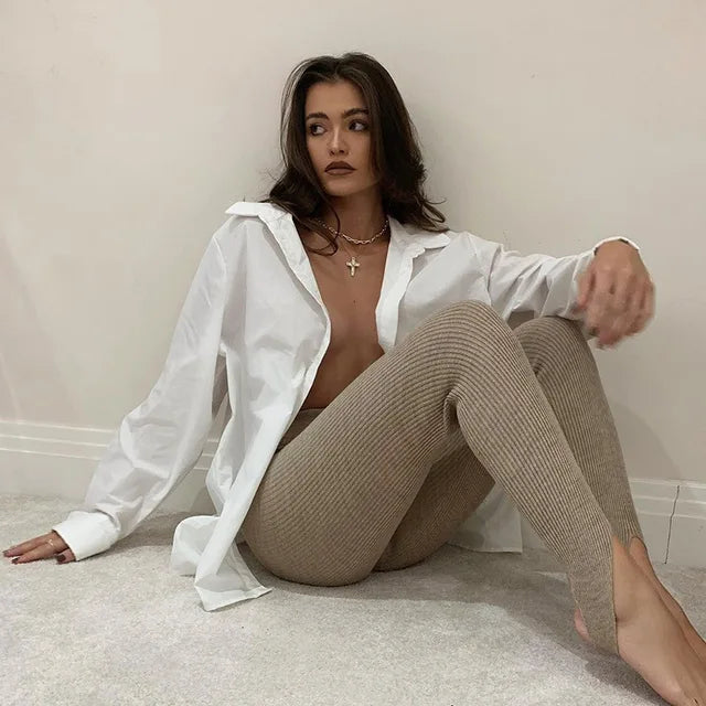 Beige Ribbed Knit Leggings High Waist Cotton Fitness Basic Pants Spring New All-match Female Skinny Leggings