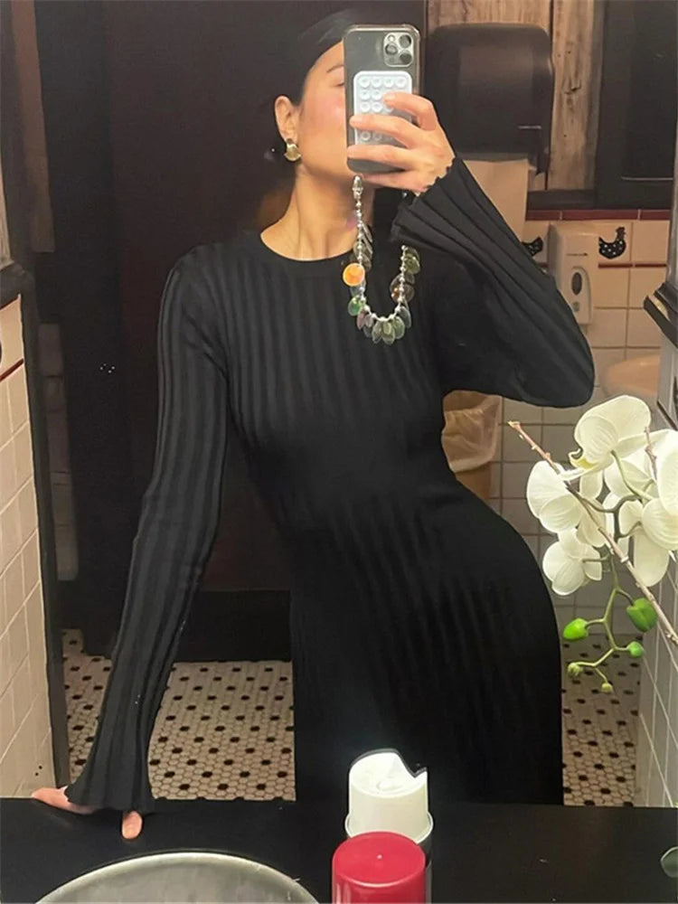 Black Autumn Knitwear Maxi Dress ’s Ribbed Loose Patchwork High Waist Dress Femal Bodycon Knit Dress