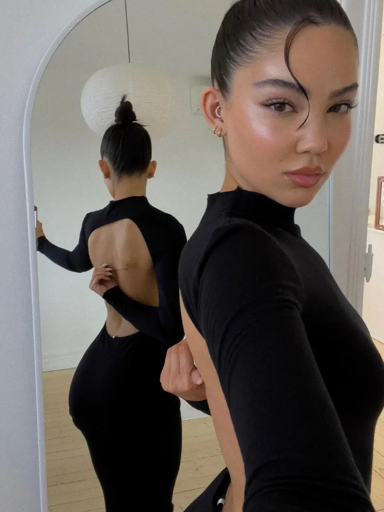 Black Backless Slim Long Dress for High Split Long Sleeve Patchwork Party Dress Maxi Dress