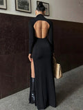 Black Backless Slim Long Dress for High Split Long Sleeve Patchwork Party Dress Maxi Dress