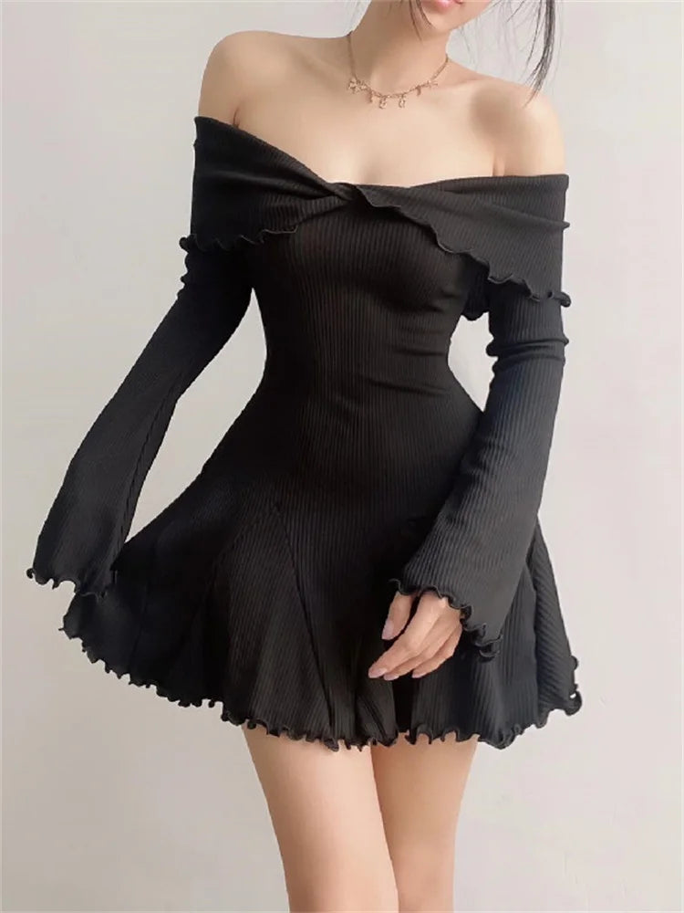 Black Knit Ruffled Mini Dress Patchwork Off-shoulder Loose Slim Ribbed Dress Knitwear Clothes Female Dress