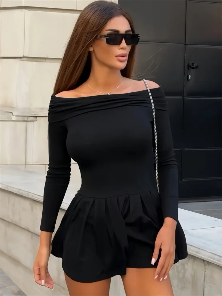 Black Off-shoulder High Waist Mini Dress ’s Pleated Patchwork Slim Backless Dress Female Dress Autumn