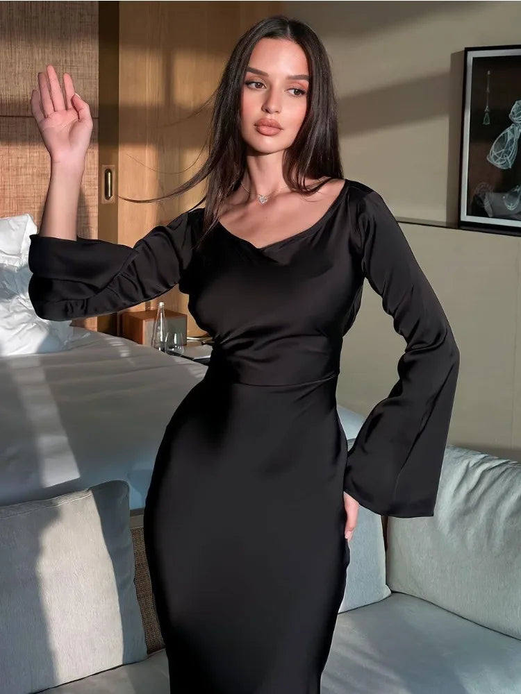 Black Satin Bandage Maxi Dress Slin High Waist Patchwork Long Sleeve Dress Gown Long Dress