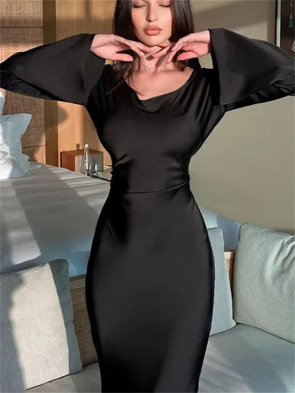 Black Satin Bandage Maxi Dress Slin High Waist Patchwork Long Sleeve Dress Gown Long Dress