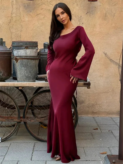 Black Satin Bandage Maxi Dress Slin High Waist Patchwork Long Sleeve Dress Gown Long Dress