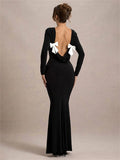 Black Tee Bow Backless Long Dress ’s High Waist Party Dress Gown Female Autumn Maxi Dress
