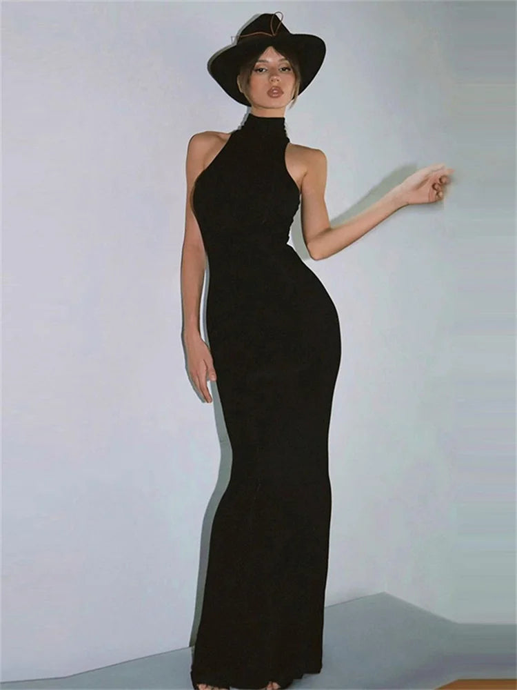 Black Turtleneck Slim Maxi Dress for High Waist Slim Summer Patchwork Party Dress ’s Long Dress