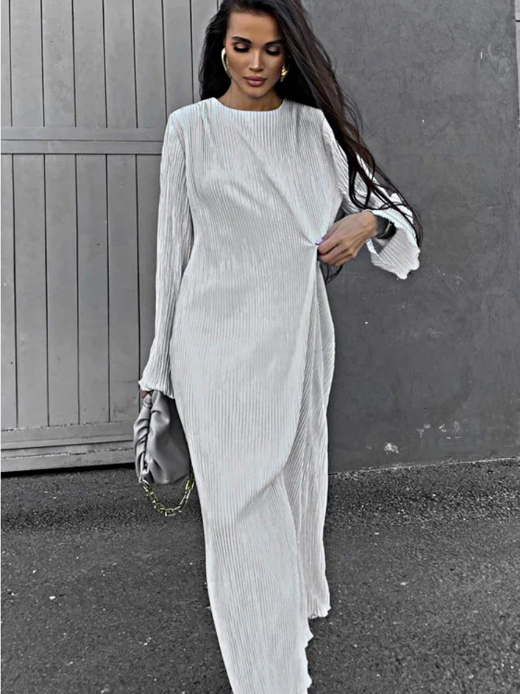 Loose Female Long Dress Long Sleeve Basic High White Summer for Maxi Dress Outfits