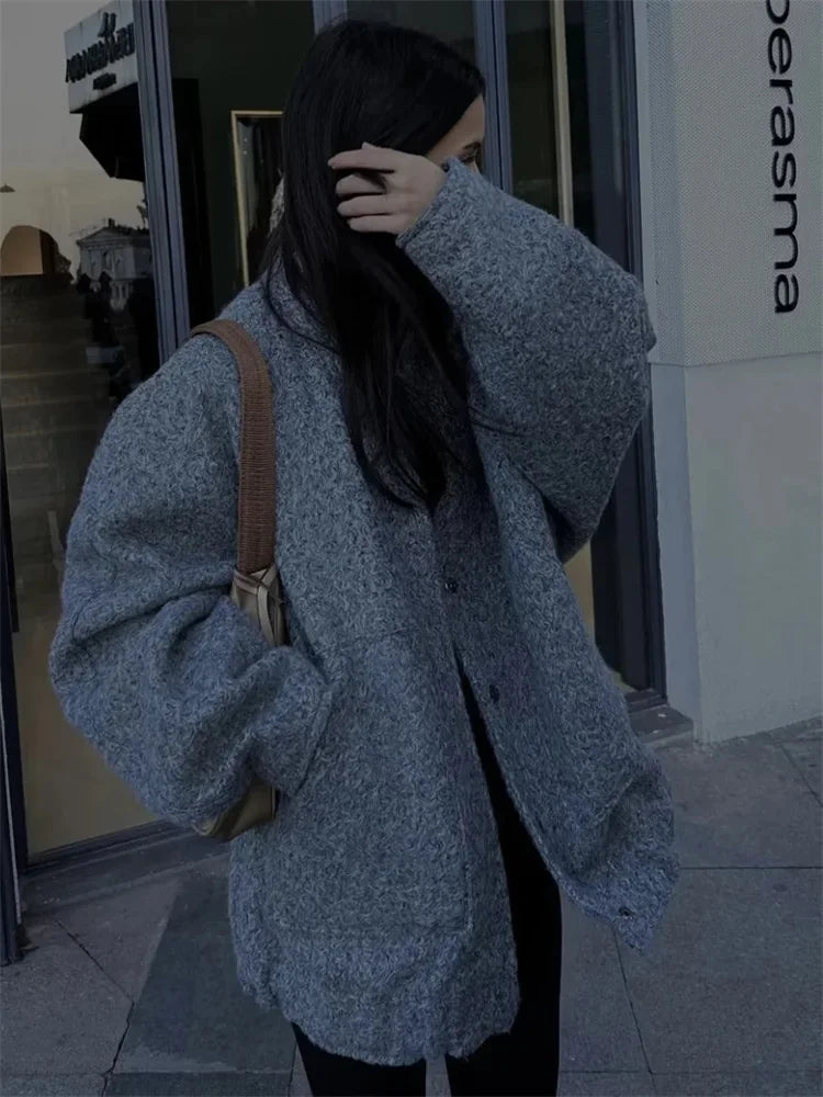 Loose High Waist Outwear Sweater for Long Sleeve Slim Pocket Patchwork Autumn Cardigan Knitwear ’s Coat