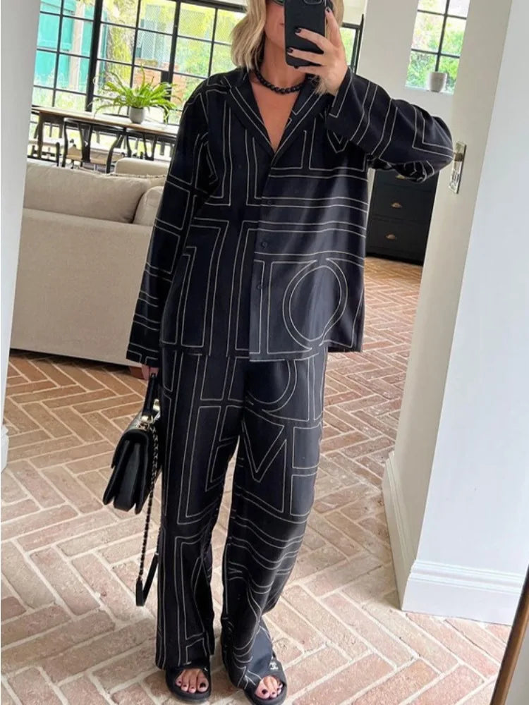 Patchwork Printed 2 Piece-set for Trousers Lapel Shirts Nightwear Slim High Waist ’s Pants Sets