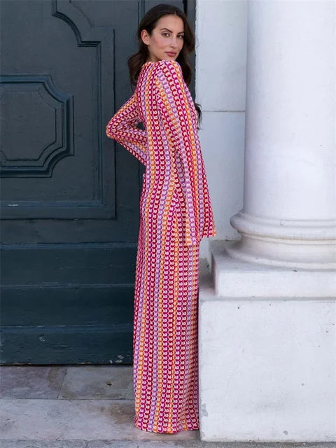 Contrast Hollow Out V-neck Maxi Dress Female Slim Loose High Street Long Sleeve Lace Dress Patchwork Long Dress