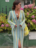 Contrast Hollow Out V-neck Maxi Dress Female Slim Loose High Street Long Sleeve Lace Dress Patchwork Long Dress